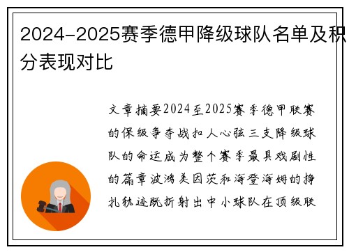 2024-2025赛季德甲降级球队名单及积分表现对比