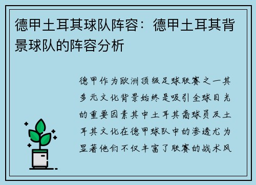 德甲土耳其球队阵容：德甲土耳其背景球队的阵容分析
